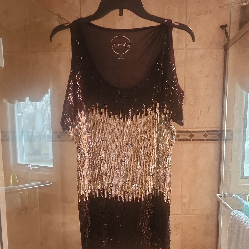 INC International Concepts Black And Silver Sequined Cold Shoulder Top